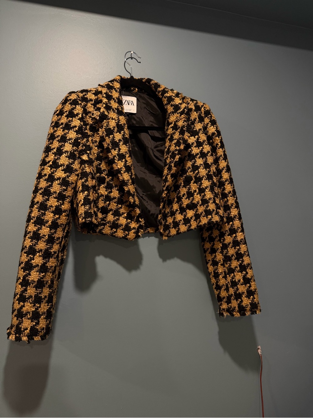 Zara Black & Yellow Cropped Houndstooth Tweed Blazer